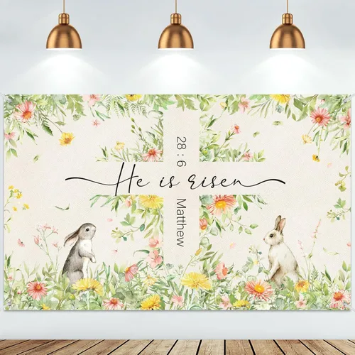 Moukeren Decoraciones de telón de fondo de Pascua con texto en inglés «He is resucitado», pancarta de fotografía con cruz de Jesús, fondo de flores