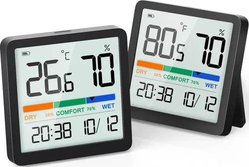 Miniatura 12 de NOKLEAD Termómetro higrómetro para interiores, mini monitor digital de temperatura y humedad de escritorio con indicador de comodidad y reloj