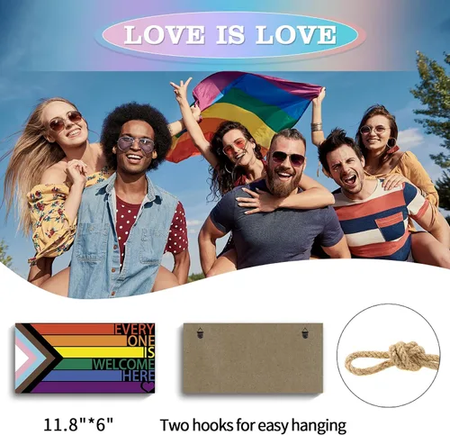 Miniatura 2 de Letrero LGBT de arco iris para puerta delantera, decoración de pared de madera con texto en inglés "Every One Is Welcome Here