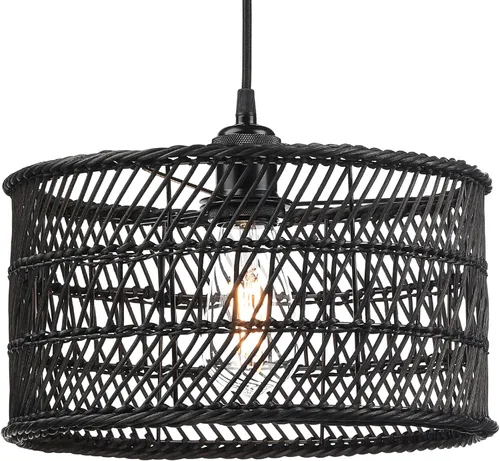 HOONEX Lámpara de araña de ratán, techo de ratán, lámpara colgante de mimbre de 12.4 pulgadas para comedor, dormitorio, isla de cocina, color negro