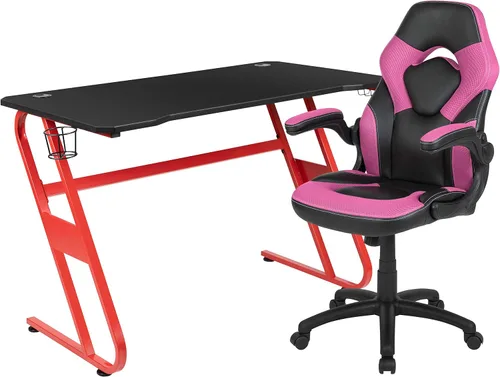 Miniatura 30 de Flash Furniture Juego de escritorio para juegos negro y silla de carreras blanco/negro con soporte para tazas, gancho para auriculares y soporte
