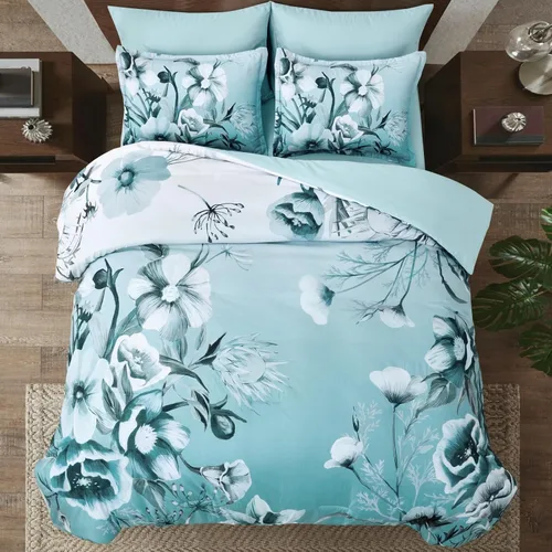 Miniatura 3 de Luxudecor Juego de edredón floral tamaño individual de 7 piezas, cama de flores aguamarina en una bolsa, elegante edredón floral degradado con juego