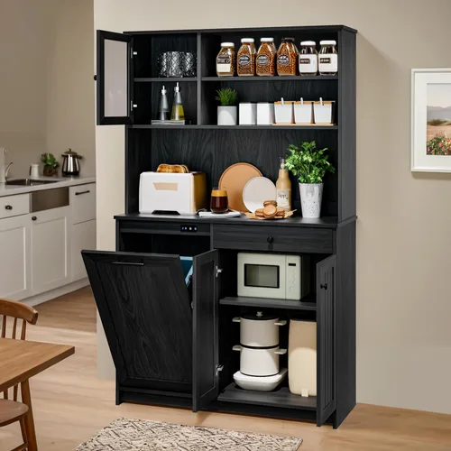 Miniatura 7 de UpWiew Armario de basura abatible con instalación rápida y función desodorizante, armario de basura de madera para comedor y cocina, color negro