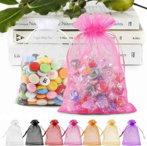 ANZNKU Paquete de 50 bolsas de organza multicolor, bolsas de malla de 5 x 7 pulgadas, bolsa pequeña para regalos, bolsa de joyería con cordón para