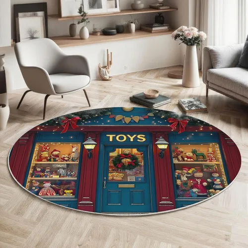 Miniatura 7 de Christmas Round Rug 6Ft Christmas Toy Window Display Washable Round Area Rug for Living Room Retro Theme Non Slip Soft Faux Wool Carpet Navy Blue