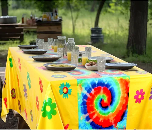 Miniatura 5 de Oudain 6 piezas de decoración de fiesta de los años 70, mantel hippie para decoración de los años 60, cubierta desechable de plástico retro