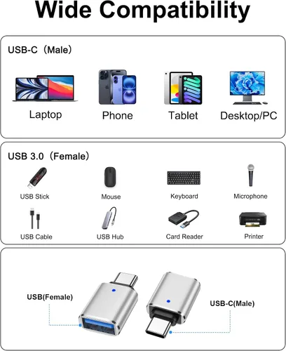 Miniatura 7 de Adaptador USB A a USB-C, paquete de 2 adaptadores USB C a USB A de transferencia de datos de 5 Gbps, macho tipo C a USB 3.0 hembra de carga rápida