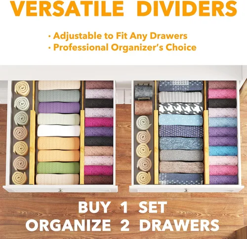 Miniatura 5 de SpaceAid Paquete de 4 separadores de cajones de bambú, 4.65 pulgadas de alto ajustable de 12.5 a 17 pulgadas, organización expandible para ropa