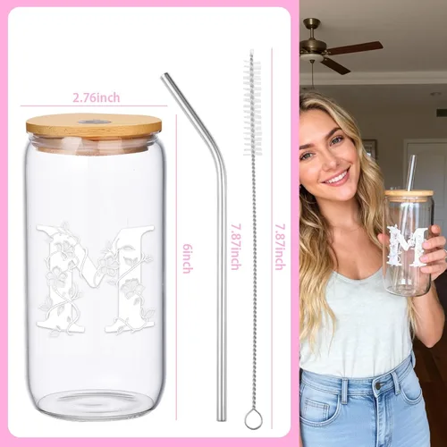 Miniatura 3 de Regalos personalizados para mujeres, tazas de vidrio con monograma con tapas y pajitas, regalos personalizados para mujeres, vasos de café helado