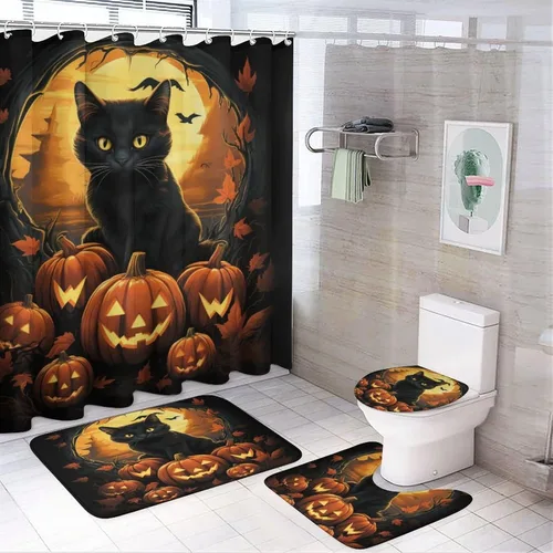Miniatura 14 de Juego de 4 cortinas de ducha de Halloween, gato negro, luna llena, calabaza aterradora, cortina de ducha y alfombras, juego de cortina de ducha