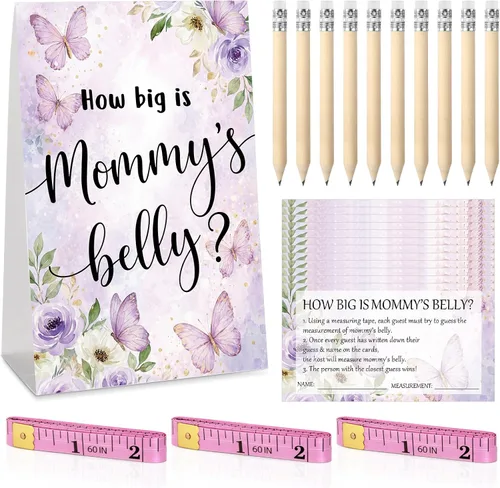Miniatura 17 de Sabary 64 Piezas Juegos de Baby Shower Incluyen Letrero How Big is Mommy's Belly Sign Measure Bump Game 50 Tarjetas 10 Lápices 3 Cintas Métricas