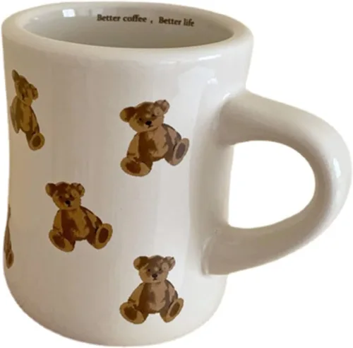 Tazas de Café de Cerámica para Mujeres y Niñas, Tazas de Oso de Dibujos Animados en Crema Blanca, Taza de Agua 350ML/12OZ. Linda Taza de Café