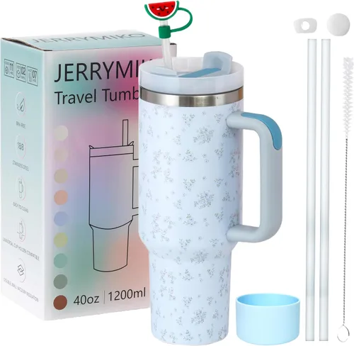 Miniatura 8 de Vaso de 40 onzas con asa y tapa con popote, Vasos aislados de acero inoxidable de pared doble con sello al vacío, Taza de viaje para bebidas frías