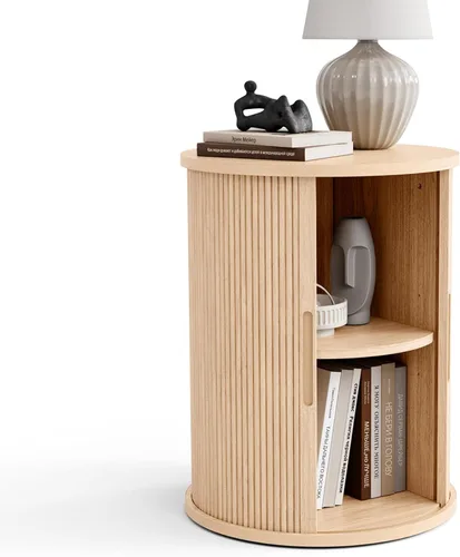 Miniatura 8 de LINSY HOME Mesa Auxiliar Redonda Acanalada, Mesa Lateral Alta con Puerta Tambour Deslizante y Estante de Almacenamiento, Mesita de Noche Moderna