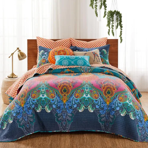 Levtex Home - Juego de colcha Mackenzie - Colcha matrimonial y dos fundas estándar - Bohemio - Verde azulado, naranja, amarillo, verde, azul -