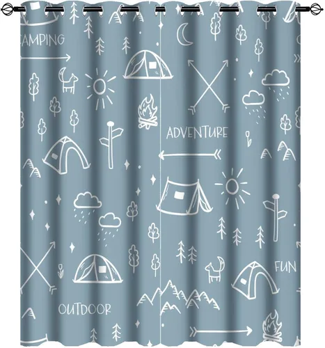 Miniatura 30 de Cortinas abstractas con estampado de cámper de caricaturas, divertido tema de aventura, campamento, montañas, vida silvestre, oso, tratamiento