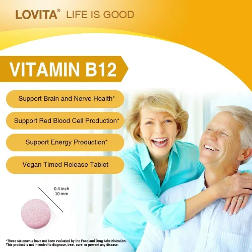 Miniatura 4 de LOVITA Vitamina B12 de liberación sostenida 1000 mcg (como cianocobalamina), liberación programada, 60 tabletas veganas para apoyo a la salud