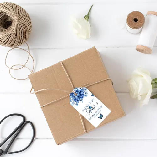 Miniatura 2 de Andaz Press Paquete de 40 etiquetas personalizadas para quinceañera con cuerda, mariposas azules etiquetas de agradecimiento personalizadas
