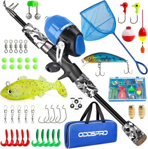 Miniatura 7 de ODDSPRO Caña de pescar para niños, color rosa, kit combinado de caña de pescar telescópica portátil y carrete - con caja de aparejos de pesca