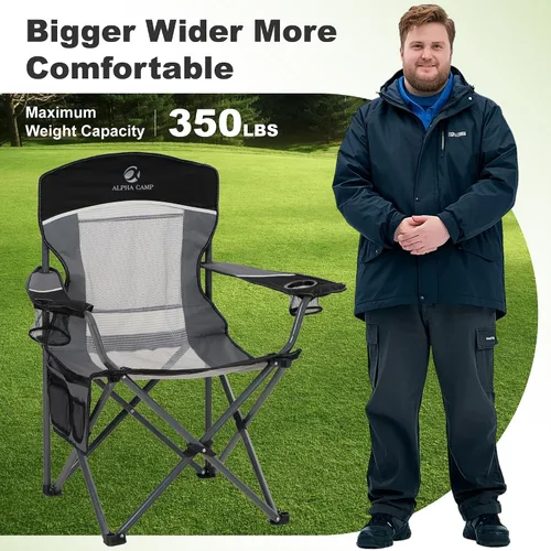 Miniatura 7 de LET'S CAMP Paquete de 2 sillas de campamento con respaldo de malla, portátil, plegable, resistente, para exteriores, 330 libras, silla de brazo Negro