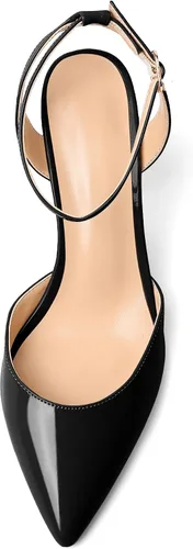 Miniatura 3 de Soireelady Tacones altos gruesos para mujer, tacones puntiagudos, correa al tobillo, sandalias envolventes de charol con diseño recortado, zapatos