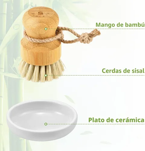 Miniatura 5 de SUBEKYU Cepillo de bambú para fregadero de cocina, cepillo de madera natural con cerdas de sisal para limpieza del hogar, ollas de hierro fundido