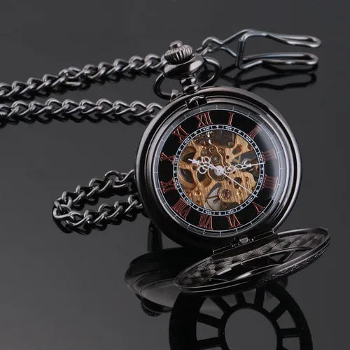 Miniatura 3 de SIBOSUN Reloj de bolsillo esqueleto especial 12 - Pequeño - Diseño de caja de ventana para hombre, color negro, mecánico con caja de cadena