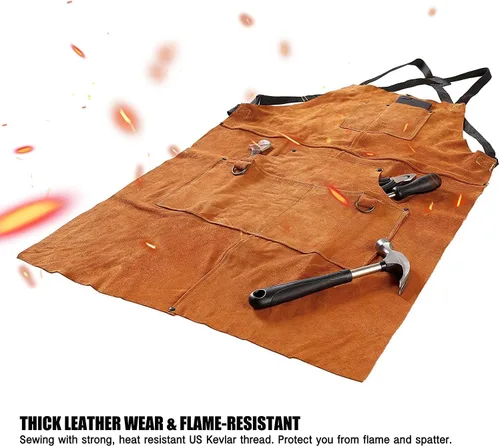 Miniatura 6 de QeeLink Delantal de soldadura de cuero con 6 bolsillos, delantal resistente al calor y al fuego, 24 x 42 pulgadas, ajustable de M a XXXL Marrón