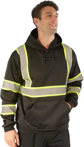 SEsafety Sudadera con capucha con cremallera de alta visibilidad, sudadera de seguridad reflectante clase 3 con parte inferior negra, chaqueta de