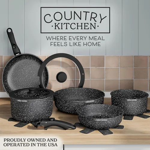 Miniatura 2 de Country Kitchen Juego de utensilios de cocina con mango extraíble, juego de ollas y sartenes aptas para horno y caravana, color negro, original