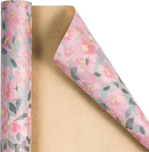 Miniatura 7 de RUSPEPA Rollo de papel de regalo floral para mujer, mini rollo, flor rosa con papel kraft de follaje, papel de regalo vintage gris para cumpleaños