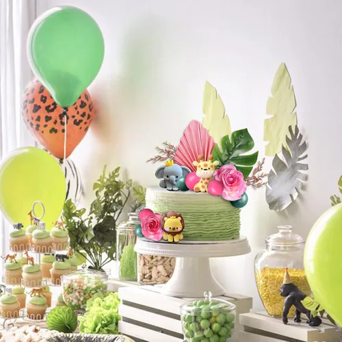 Miniatura 7 de 22 adornos de animales de selva de safari para tartas, bolas de flores, decoración de tartas con hojas de palmeras bohemias, juguetes de animales