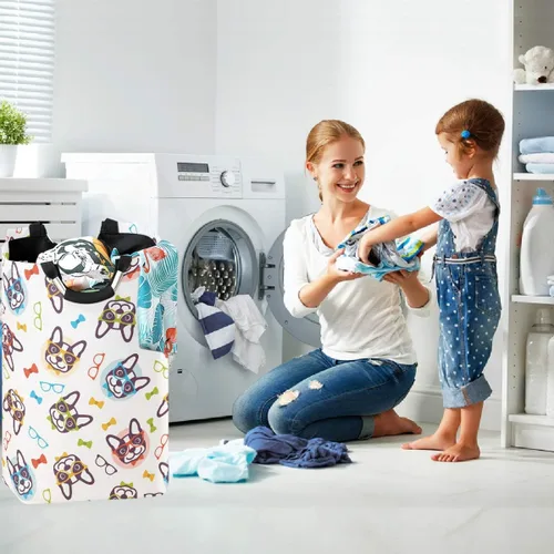 Miniatura 5 de visesunny Cesta plegable para la ropa sucia Bulldog con pajarita de animales grande con asa, juguetes y organización de ropa para baño, dormitorio