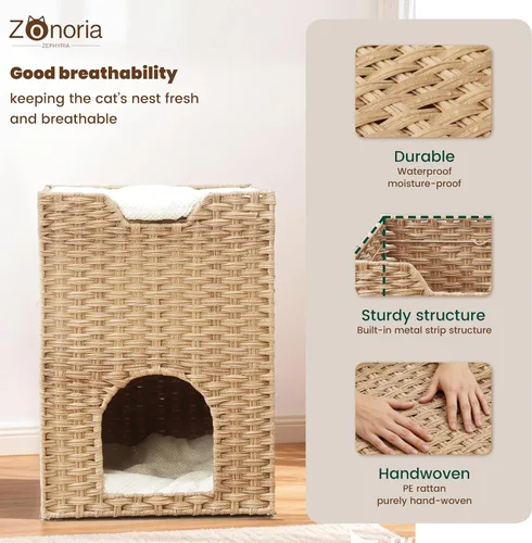 Miniatura 6 de Cama para gatos de interior, un elegante escondite para gatos y una casa para gatos, cama tipo cueva de ratán tejida a mano con cojín suave, cubos