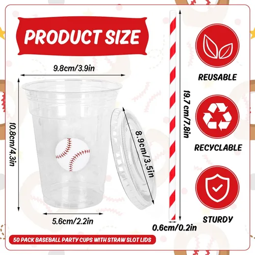 Miniatura 2 de Whaline 50 piezas de vasos de plástico desechables de béisbol con tapas y popotes, vasos rojos y blancos de pelota, vasos para bebidas frías
