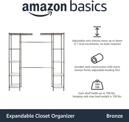 Miniatura 3 de Amazon Basics Organizador de armario colgante de metal expandible y perchero de almacenamiento con estantes, 57-80''L x 14''W x 72''H, Bronce
