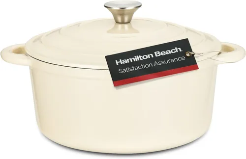 Hamilton Beach Olla holandesa de hierro fundido esmaltado de 5.5 cuartos de galón con tapa, color crema