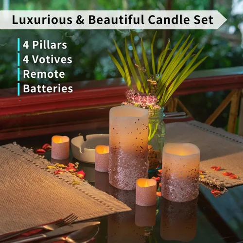 Miniatura 4 de FURORA LIGHTING Velas LED de purpurina rosa con control remoto y temporizador, 4 pilares y 4 votivas, paquete de 8, velas parpadeantes sin llama