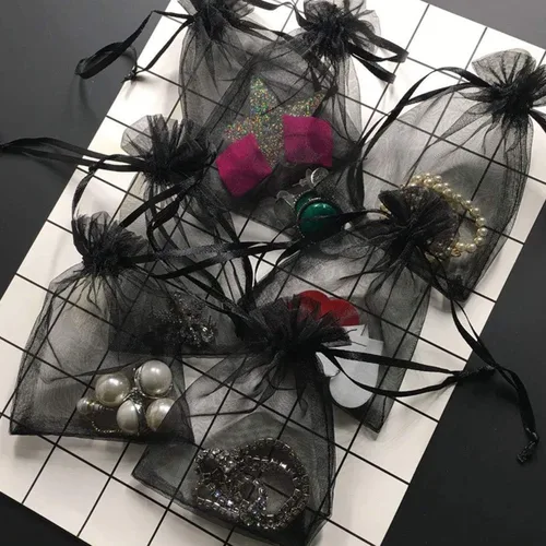 Miniatura 5 de 100 bolsas de papel de regalo de 4 x 6 pulgadas, color negro, tela de tul transparente, bolsas reutilizables con cordón para regalos de baby shower