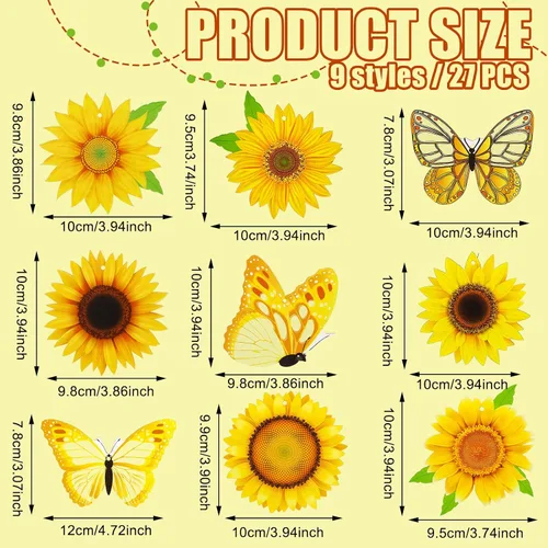 Miniatura 2 de Amyhill Juego de 27 adornos de árbol de madera de girasol de verano, decoración colgante de árbol de mariposa con cuerda colgante, etiqueta colgante