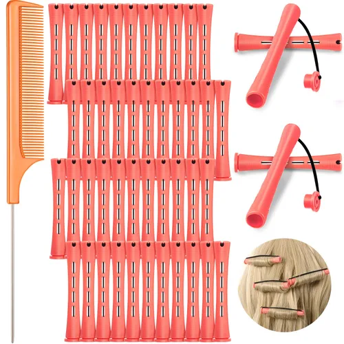 48 varillas de cabello ondulado frío y rizadores de plástico con peine de acero para peluquería y peinado (rosa, 0.51 pulgadas/0.5 in)