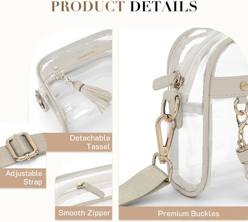 Miniatura 5 de Missnine Bolsa transparente – Bolso pequeño aprobado por estadios para mujer – Bolsa cruzada para conciertos y eventos deportivos Caqui