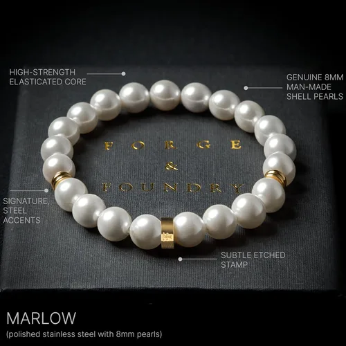 Miniatura 4 de Forge & Foundry Men's 8mm Shell Pearl (Man-Made) Bracelet Small, Medium, Large and Adjustable Sizing Options Marlow Refined Hand-Crafted Jewelry