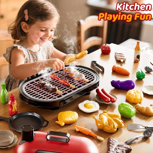 Miniatura 3 de Juego de parrilla para niños pequeños de 3 a 5 años, juguete de cocina de barbacoa al aire libre de 2 capas con humo, luces y sonidos, juego