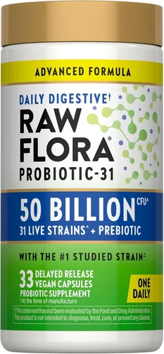 Raw Flora Probióticos con prebióticos | 50 mil millones de UFC | 33 cápsulas digestivas diarias | Suplemento vegano, sin OMG y sin gluten para