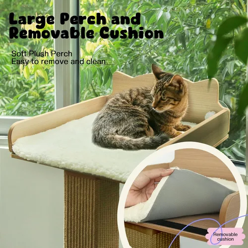 Miniatura 5 de Percha para ventana de gato con poste rascador de sisal grueso, hamaca para gatos para ventana, poste rascador ajustable de 53.5 pulgadas para gatos