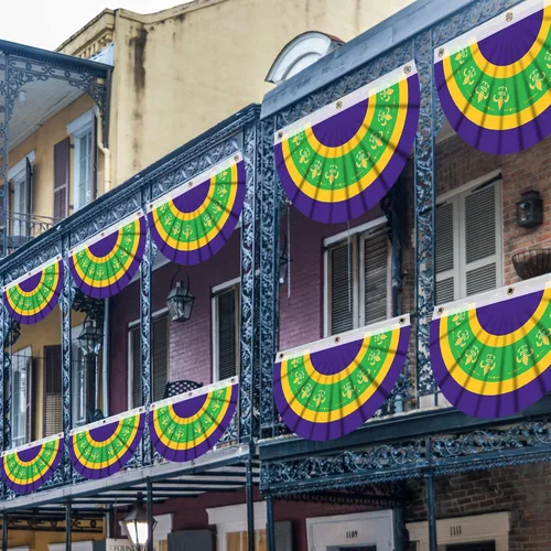 Miniatura 6 de EBaokuup Paquete de 6 banderas de Mardi Gras de 2.8 x 1.6 pies, bandera de tela de poliéster de New Orleans Mardigras para porche, banderines