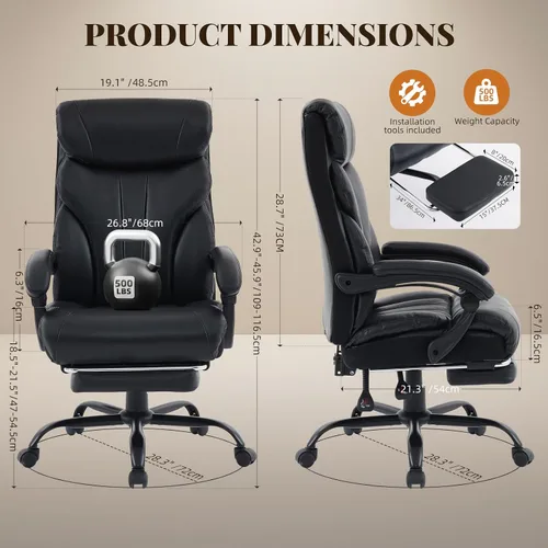 Miniatura 2 de Sillas de oficina grandes y altas con reposapiés, silla ergonómica para juegos de 500 libras de ancho, sillas de computadora ejecutivas reclinables