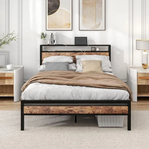 Miniatura 11 de BOFENG Base de cama Queen con cabecera de almacenamiento, marco de cama de plataforma de metal tamaño Queen con luces LED, estación de carga,