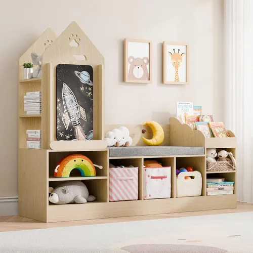 MU Estantería para niños con rincón de lectura, organizador de almacenamiento de juguetes de madera con pizarra y banco, rincón de lectura para